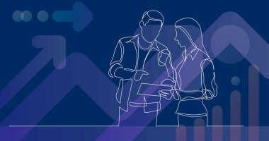 İki iş arkadaşı iş hakkında konuşuyor. Bir çizgi çiziyor.