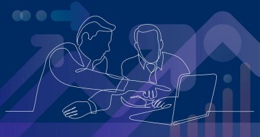 İki iş ortağı dizüstü bilgisayarda sunumu tartışıyor - bir çizgi çizimi