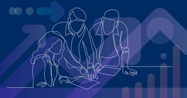 Üç iş arkadaşı projeyi kağıt üzerinde tartışıyor - bir çizgi çizimi