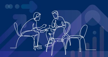 konuşan iki genç adamın bir çizgi çizme