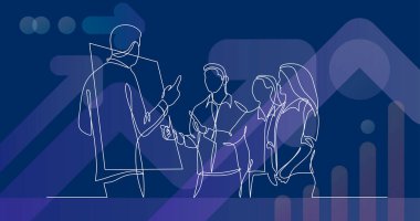 Modern başlangıç ekibi üyeleri beyaz tahtaya yakın tartışır - bir çizgi çizer