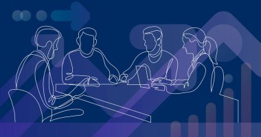 Modern iş adamları toplantı sırasında beyin fırtınası yapıyor. Tek çizgi çiziliyor.