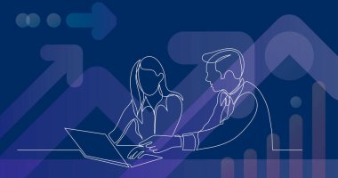 Yönetici çalışanın dizüstü bilgisayarı göstermesine yardım ediyor - bir çizgi çizimi