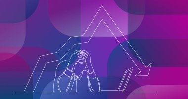 bir grafik azalan ile beyaz zemin üzerine depresif adam sürekli çizgi çizme