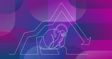 grafik azalan ile sandalye üzerinde oturan depresif adam sürekli çizgi çizme