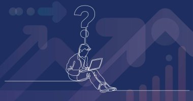 dizüstü bilgisayar ile bir soru ile oturan bir adam sürekli çizgi çizme