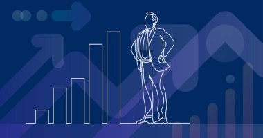 iş durumu - mutlu emin ayakta işadamı grafikler artan sürekli çizgi çizme