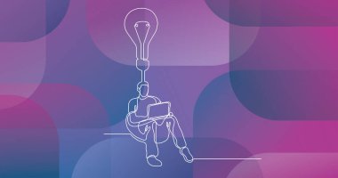 Yeni bir fikir oluşturma dizüstü bilgisayar ile oturan adamın sürekli çizgi çizme