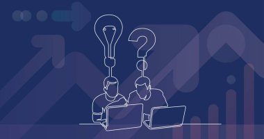 bir soru hakkında konuşurken dizüstü bilgisayarlar ile oturan iki adamın sürekli çizgi çizme