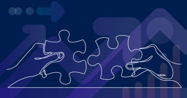 birbirine bağlanan bulmaca parçaları ile iki elin sürekli çizgi çizimi