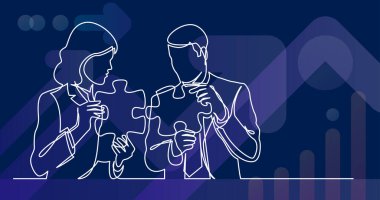 bulmaca parçalarını birbirine bağlayan iki iş adamının sürekli çizgi çizimi