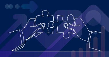 birlikte bulmaca parçaları bağlayan işadamı elleri sürekli çizgi çizim