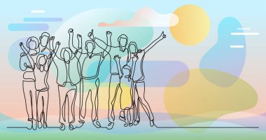 Renk arkaplanı üzerinde insanların sürekli çizgi çiziminin vektör illüstrasyonlu dosyası