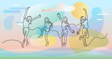 Renk arkaplanı üzerinde insanların sürekli çizgi çiziminin vektör illüstrasyonlu dosyası