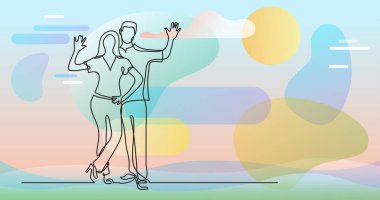 Renk arkaplanı üzerinde insanların sürekli çizgi çiziminin vektör illüstrasyonlu dosyası