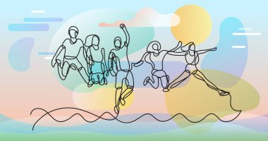 vector illustration layered file of continuous line drawing of people on color background