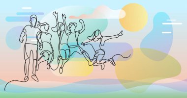 Renk arkaplanı üzerinde insanların sürekli çizgi çiziminin vektör illüstrasyonlu dosyası