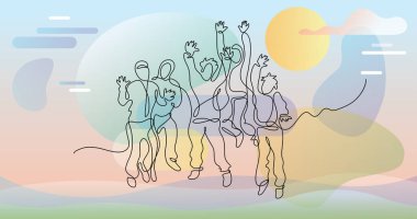 Renk arkaplanı üzerinde insanların sürekli çizgi çiziminin vektör illüstrasyonlu dosyası