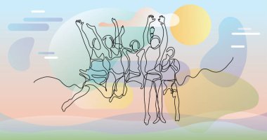 Renk arkaplanı üzerinde insanların sürekli çizgi çiziminin vektör illüstrasyonlu dosyası