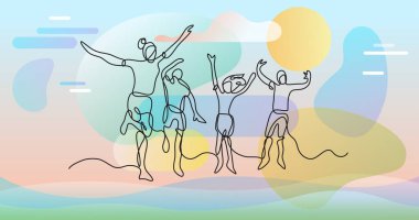 Renk arkaplanı üzerinde insanların sürekli çizgi çiziminin vektör illüstrasyonlu dosyası