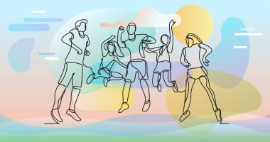 vector illustration layered file of continuous line drawing of people on color background