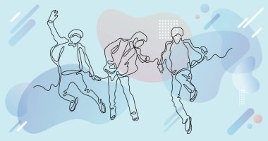 Renk arkaplanı üzerinde insanların sürekli çizgi çiziminin vektör illüstrasyonlu dosyası