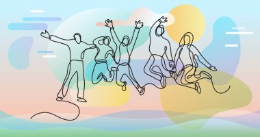 Renk arkaplanı üzerinde insanların sürekli çizgi çiziminin vektör illüstrasyonlu dosyası