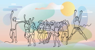 Renk arkaplanı üzerinde insanların sürekli çizgi çiziminin vektör illüstrasyonlu dosyası