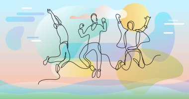 Renk arkaplanı üzerinde insanların sürekli çizgi çiziminin vektör illüstrasyonlu dosyası