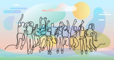 Renk arkaplanı üzerinde insanların sürekli çizgi çiziminin vektör illüstrasyonlu dosyası