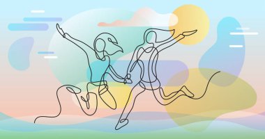 Renk arkaplanı üzerinde insanların sürekli çizgi çiziminin vektör illüstrasyonlu dosyası