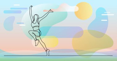 Renk arkaplanı üzerinde insanların sürekli çizgi çiziminin vektör illüstrasyonlu dosyası