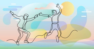 Renk arkaplanı üzerinde insanların sürekli çizgi çiziminin vektör illüstrasyonlu dosyası