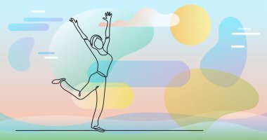 Renk arkaplanı üzerinde insanların sürekli çizgi çiziminin vektör illüstrasyonlu dosyası