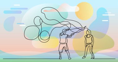 vector illustration layered file of continuous line drawing of people on color background