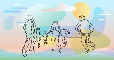 Renk arkaplanı üzerinde insanların sürekli çizgi çiziminin vektör illüstrasyonlu dosyası