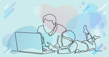 Baba ve çocuk dizüstü bilgisayar izlerken sürekli çizgi çizme