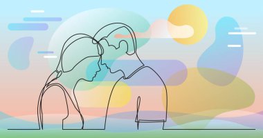 Çift birlikte beyaz arka plan üzerinde duran sürekli çizgi çizme