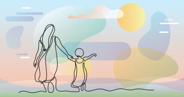 Anne ve çocuk deniz sürekli çizgi çizme