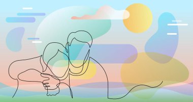 birbirlerine sarılan erkek ve kadının sürekli çizgi çizimi