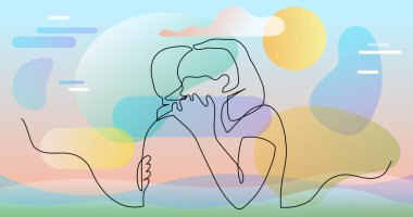 birbirlerine sarılma sevgi dolu genç çift sürekli çizgi çizim