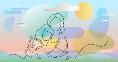 anne ve kızının birbirine sarılmasürekli çizgi çizimi