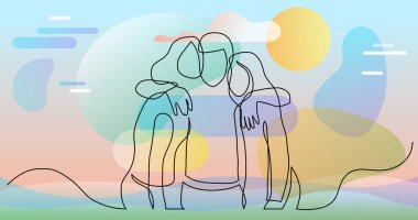 birbirine sarılarak üç genç arkadaş sürekli çizgi çizim