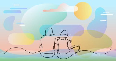 birbirine sarılarak birlikte oturan iki yakın arkadaş sürekli çizgi çizim