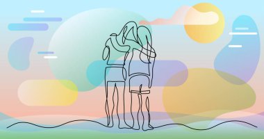 birbirine sarılarak iki genç kız sürekli çizgi çizim