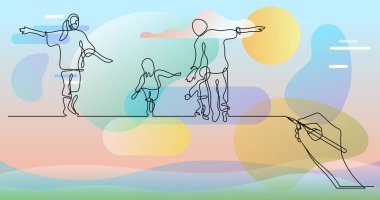 Dört kişilik mutlu bir ailenin el çizimi konsepti eğleniyor.