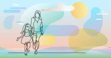 Anne ve kızı birlikte yürüyen bir çizgi çizme