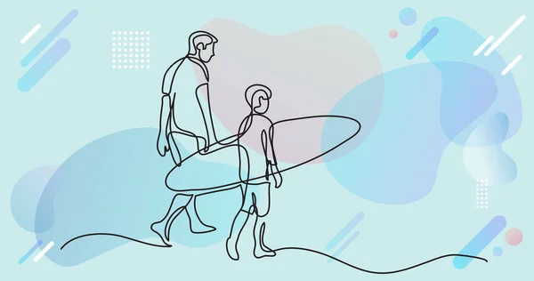 Sörf Tahtasıyla Sahilde Yürüyen Baba Oğul Çizgileri — Stok Vektör