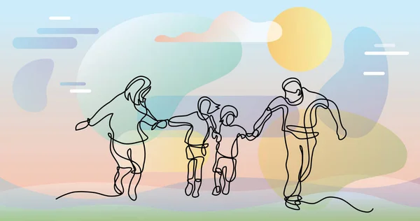 幸福家庭跑步的连续线条绘制 — 图库矢量图片