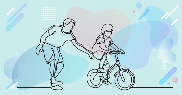Desenho Linha Pai Ajudando Criança Dirigir Bicicleta — Vetor de Stock